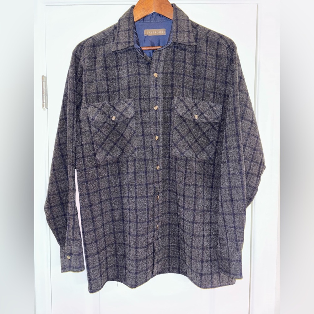 90’s Grunge Charcoal Gray and Blue Mens Plaid Flannel Shirt